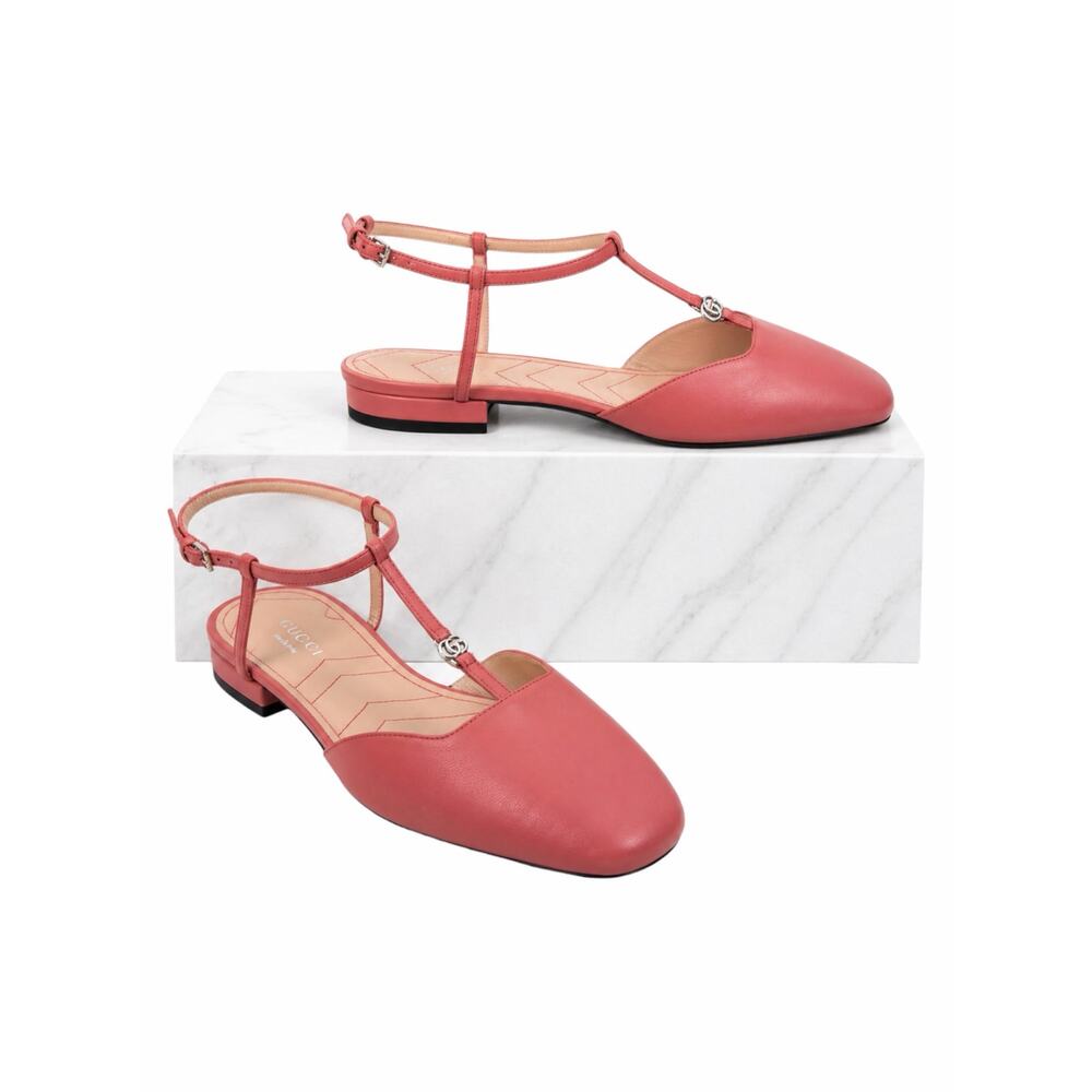 Gucci Double GG T Strap Patent Leather Ballet Flat Pink Size 39.5